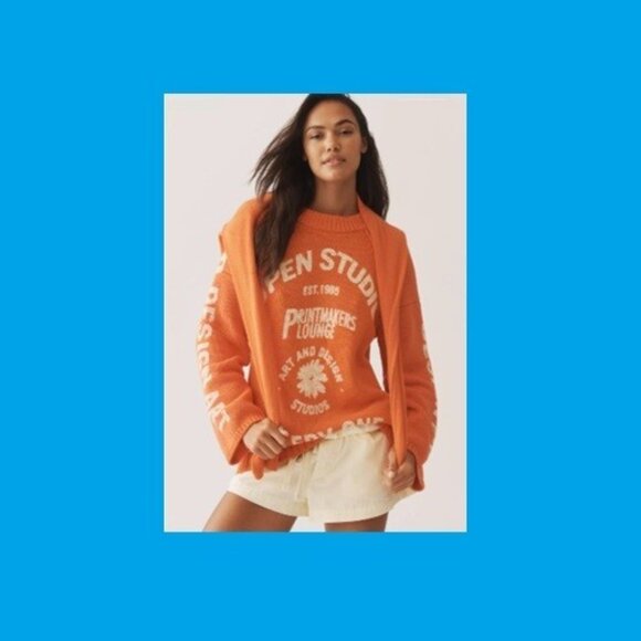 Pilcro from Anthropologie Graphic Printed 100% Cotton Sweater Orange 1X